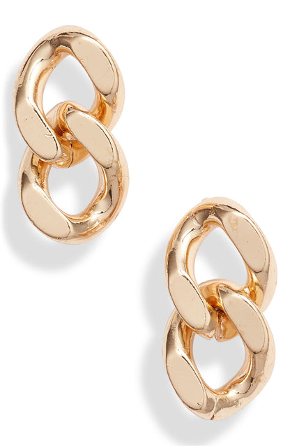 Chain link stud earrings in 14k gold plated brass, two linked loops on each post