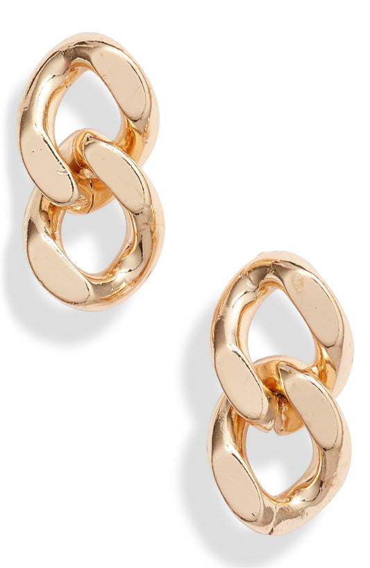 Chain link stud earrings in 14k gold plated brass, two linked loops on each post