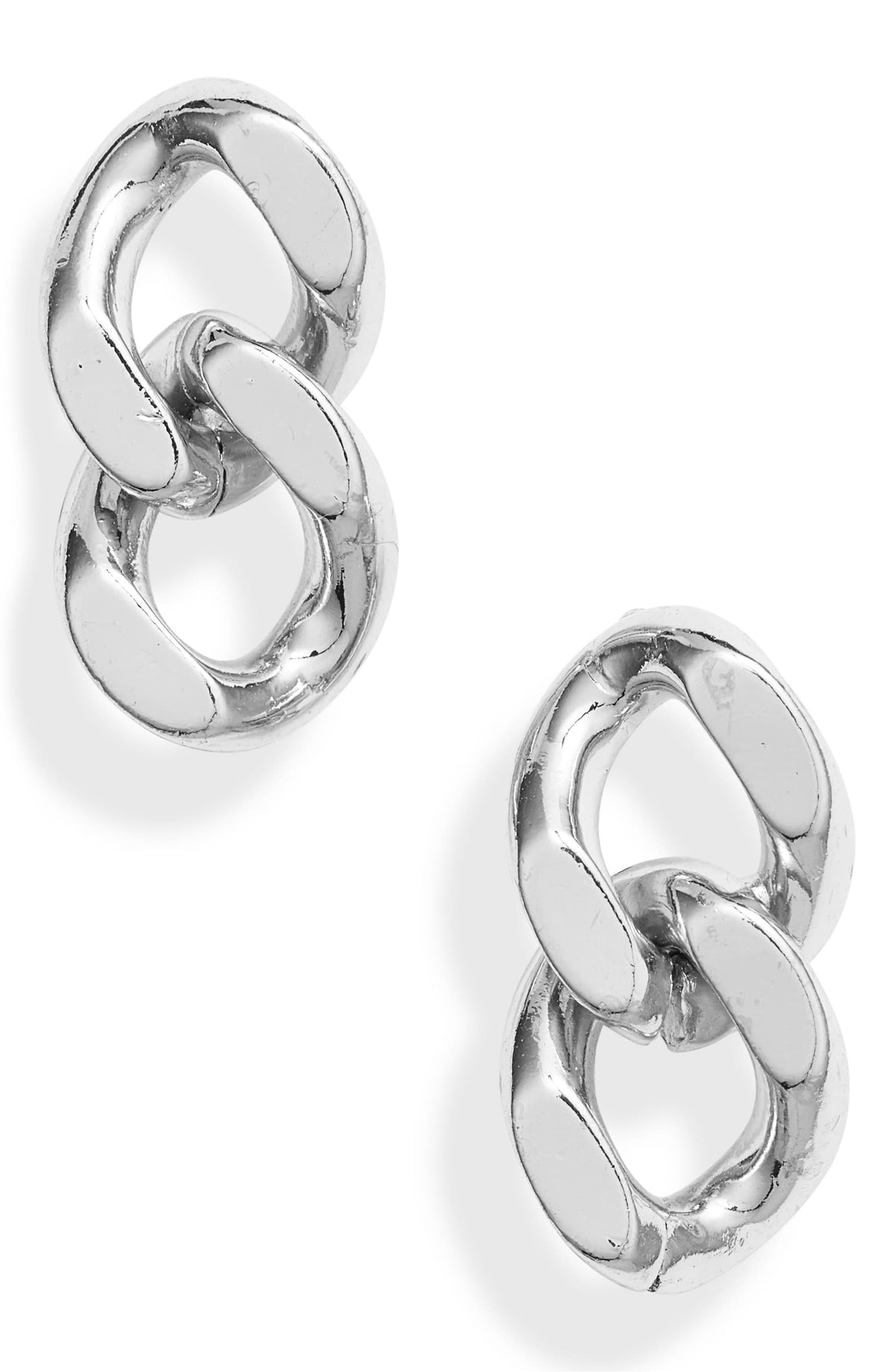 Rhodium plated chain link stud earrings with a bright silver tone finish, shown as a pair