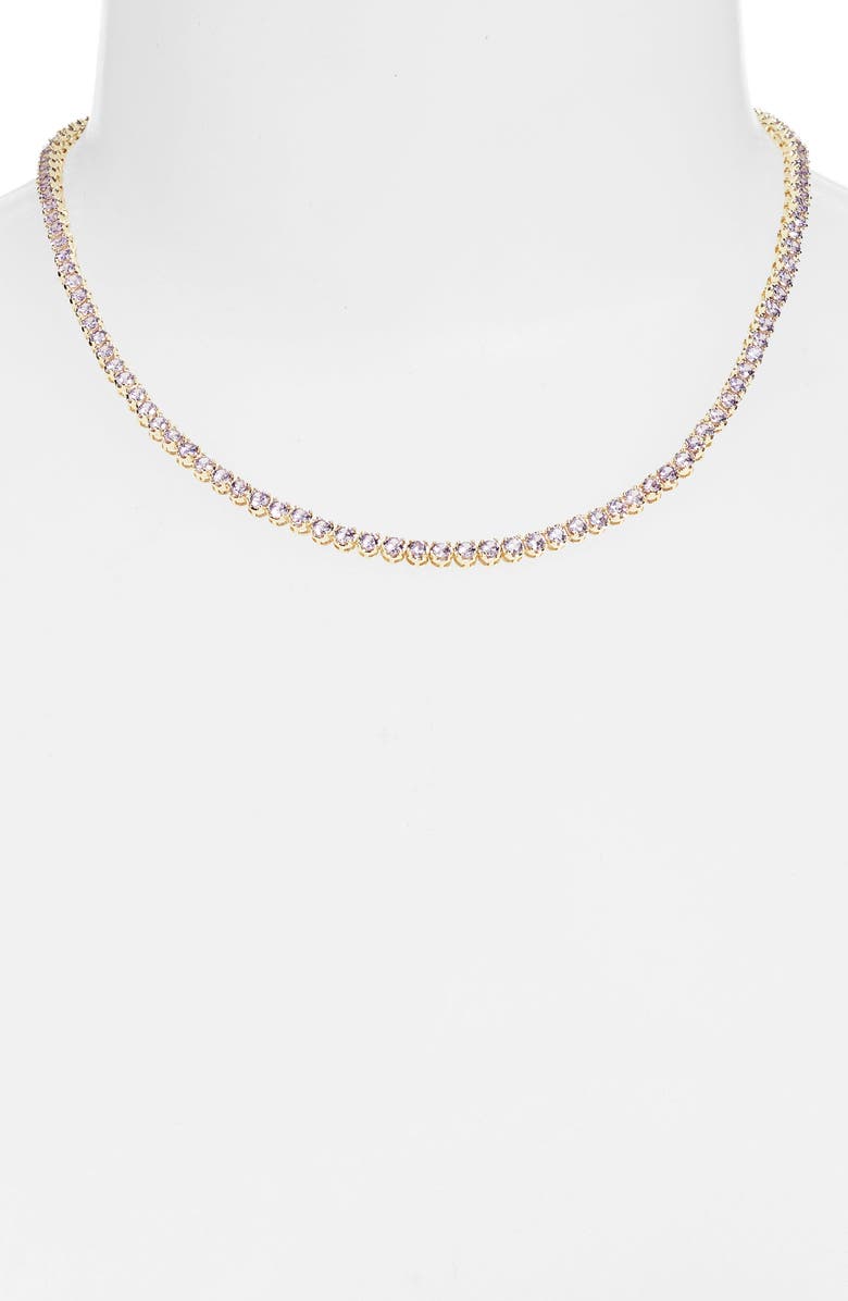 Lavender tennis necklace on a white bust form, a continuous line of pale purple stones at the base of the neck