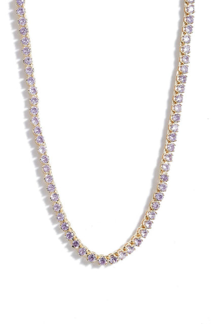 Lavender tennis necklace up close, small round pale purple stones set side by side in gold tone