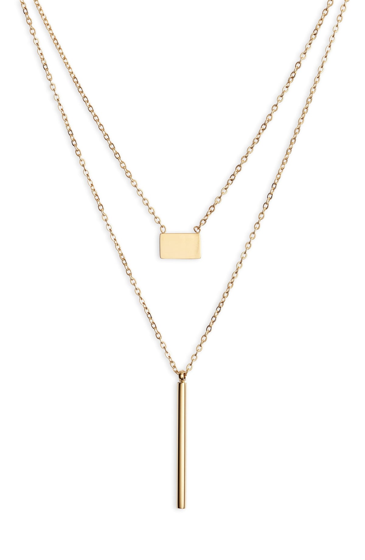 Two gold tone chains, the upper with a small flat rectangle and the lower with a long vertical bar