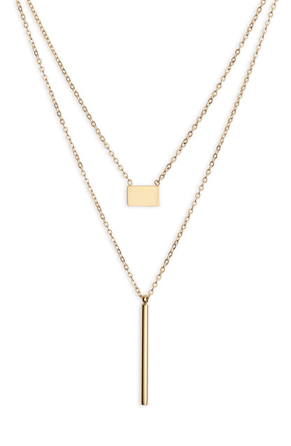 Two gold tone chains, the upper with a small flat rectangle and the lower with a long vertical bar