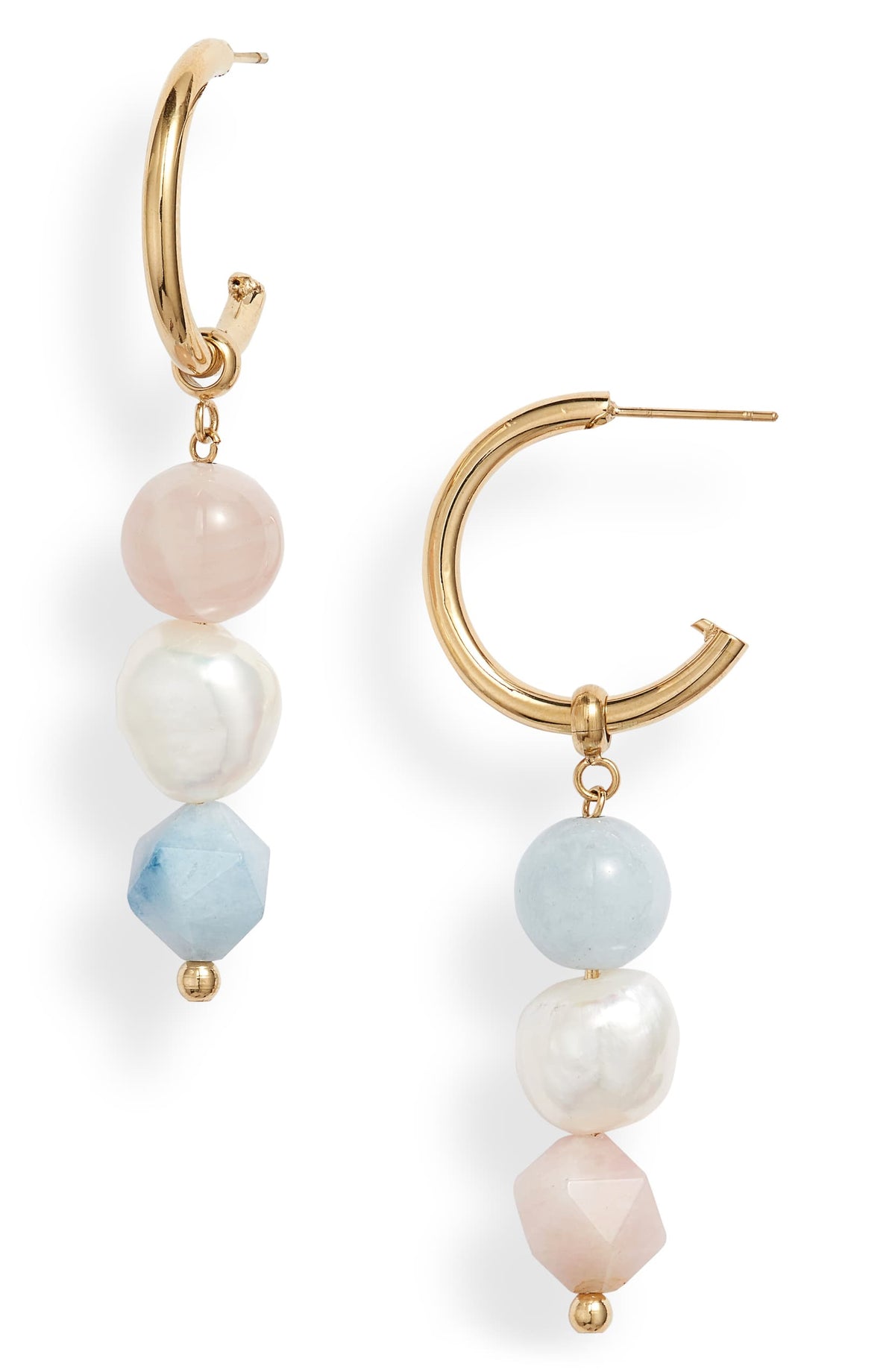 Gemstone drop hoop earrings in gold tone steel with stacked pink, white and pale blue stones