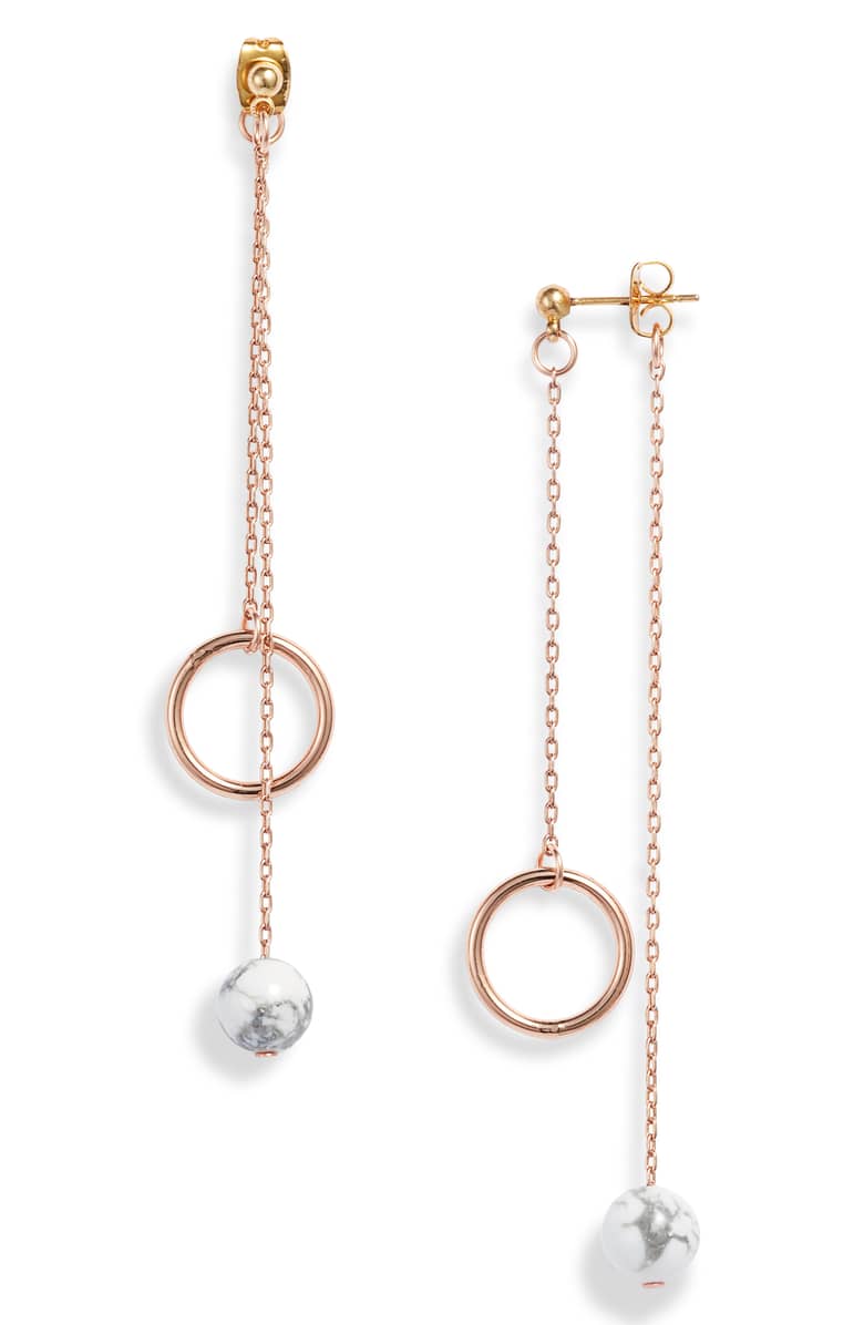 Rose gold plated chain drop earrings, each with an open ring and a white howlite bead on fine chains