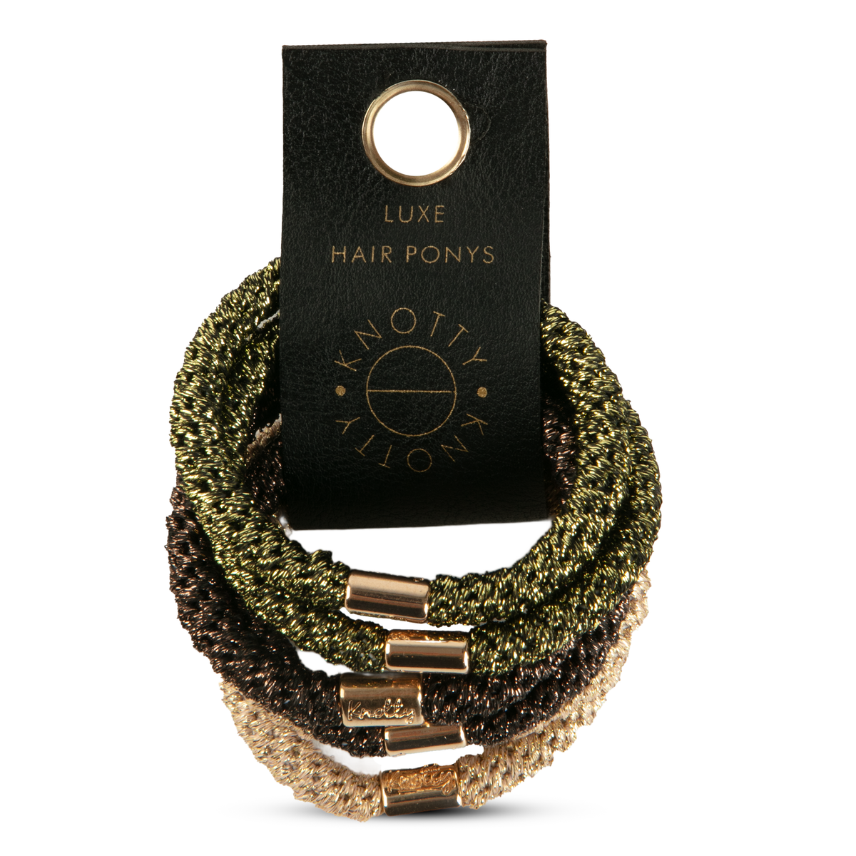 Metallic hair ties in olive, bronze and sand tones with gold tone beads, looped on a black branded tab