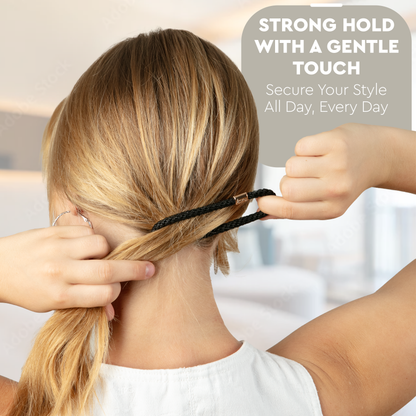 Model seen from behind twisting a dark metallic hair tie around a low ponytail, with promo text