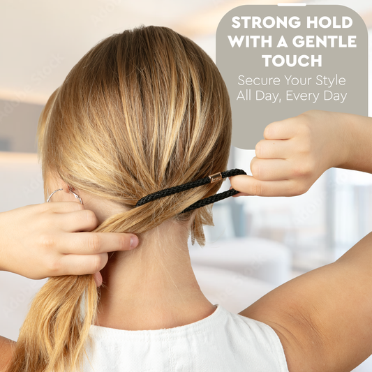 Model seen from behind twisting a dark metallic hair tie around a low ponytail, with promo text