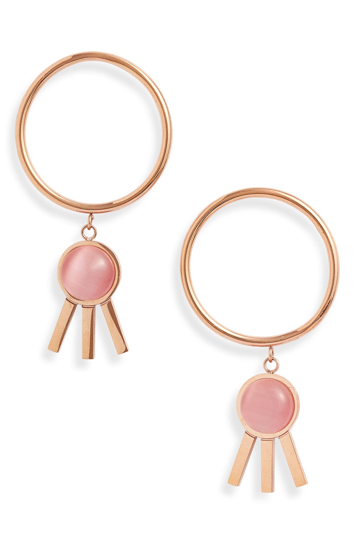 Rose gold tone hoop earrings with a round pink stone in a bezel and three short bars hanging below