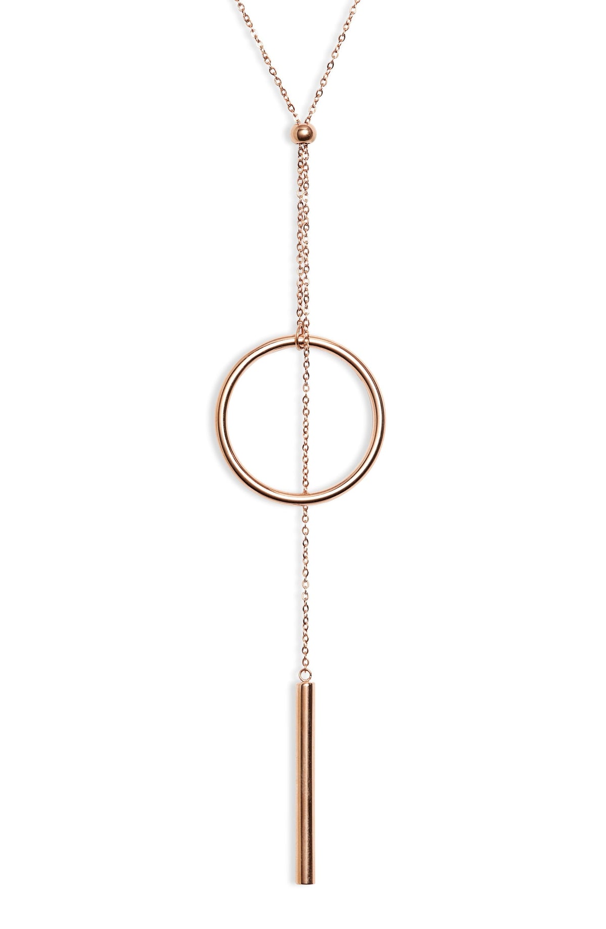 Rose gold tone Y necklace with a sliding ball, an open circle and a slim vertical bar at the end of the drop