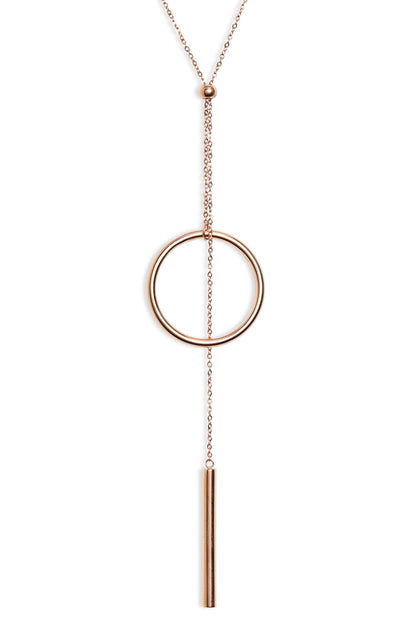 Rose gold tone Y necklace with a sliding ball, an open circle and a slim vertical bar at the end of the drop
