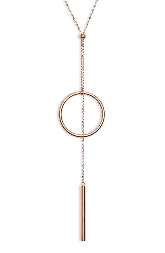 Rose gold tone Y necklace with a sliding ball, an open circle and a slim vertical bar at the end of the drop