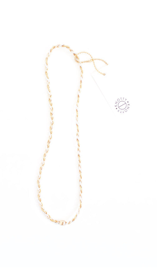 Mixed metallic braided headband blending gold tone, silver and rose tones, full length