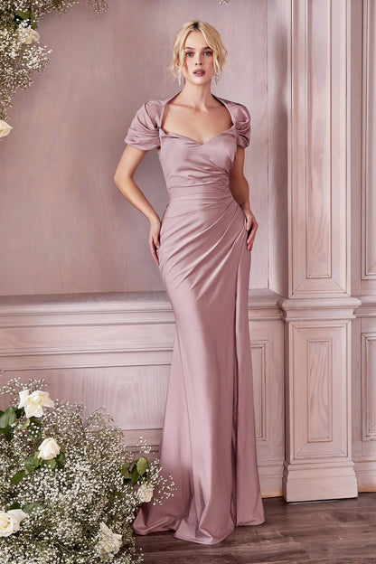 Mother of the Bride fitted nightgown with stretch satin fabric, shawl collar, and cap sleeves by Tux-USA in mauve color.