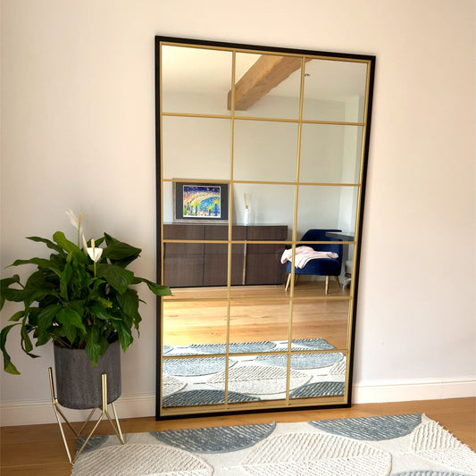 Kyō - Full Length Black and Gold Metal Rectangle Lattice Grid Mirror - 180cm x 105cm.-0
