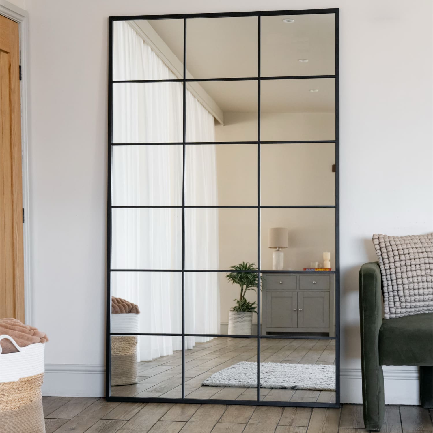 Kyō - Full Length Black Metal Rectangle Lattice Window Mirror - 200cm x 120cm-0