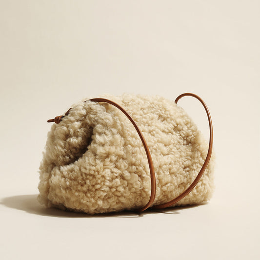 Cream Lambswool Dumpling Shoulder Bag – Fluffy Shearling Crossbody with Adjustable Leather Straps-0