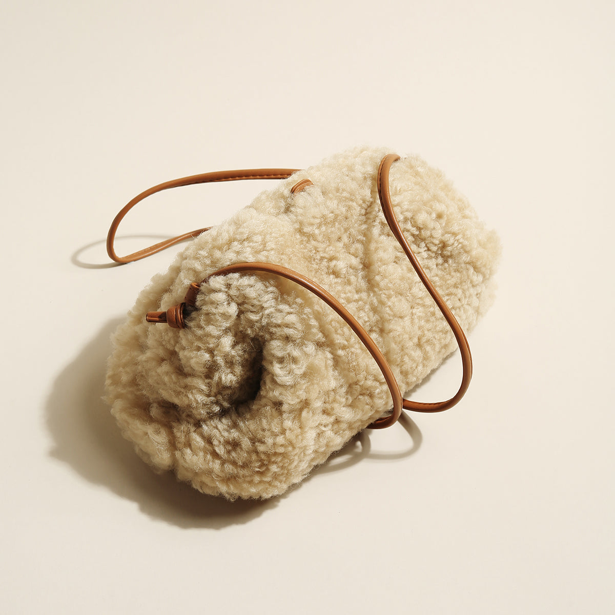Cream Lambswool Dumpling Shoulder Bag – Fluffy Shearling Crossbody with Adjustable Leather Straps-1
