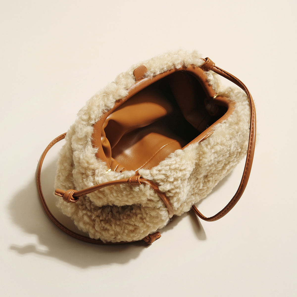 Cream Lambswool Dumpling Shoulder Bag – Fluffy Shearling Crossbody with Adjustable Leather Straps-2