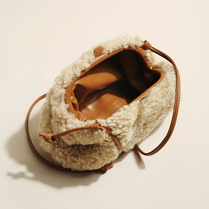 Cream Lambswool Dumpling Shoulder Bag – Fluffy Shearling Crossbody with Adjustable Leather Straps-2