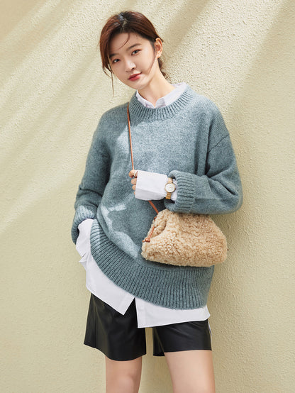 Cream Lambswool Dumpling Shoulder Bag – Fluffy Shearling Crossbody with Adjustable Leather Straps-3