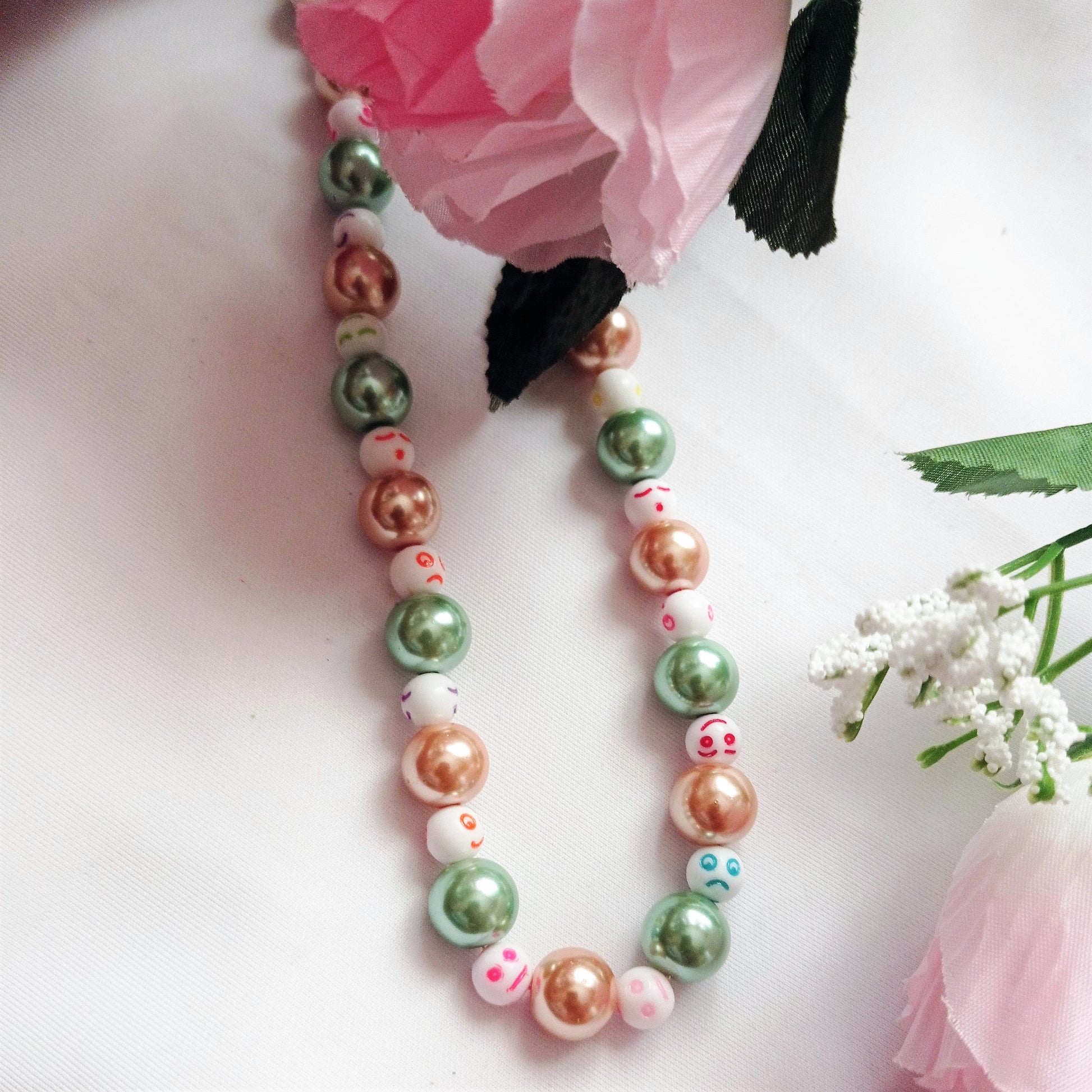Green Bronze Happy Face emotions Necklace, Beaded Necklace, Faux Pearl necklace | by lovedbynlanla-3