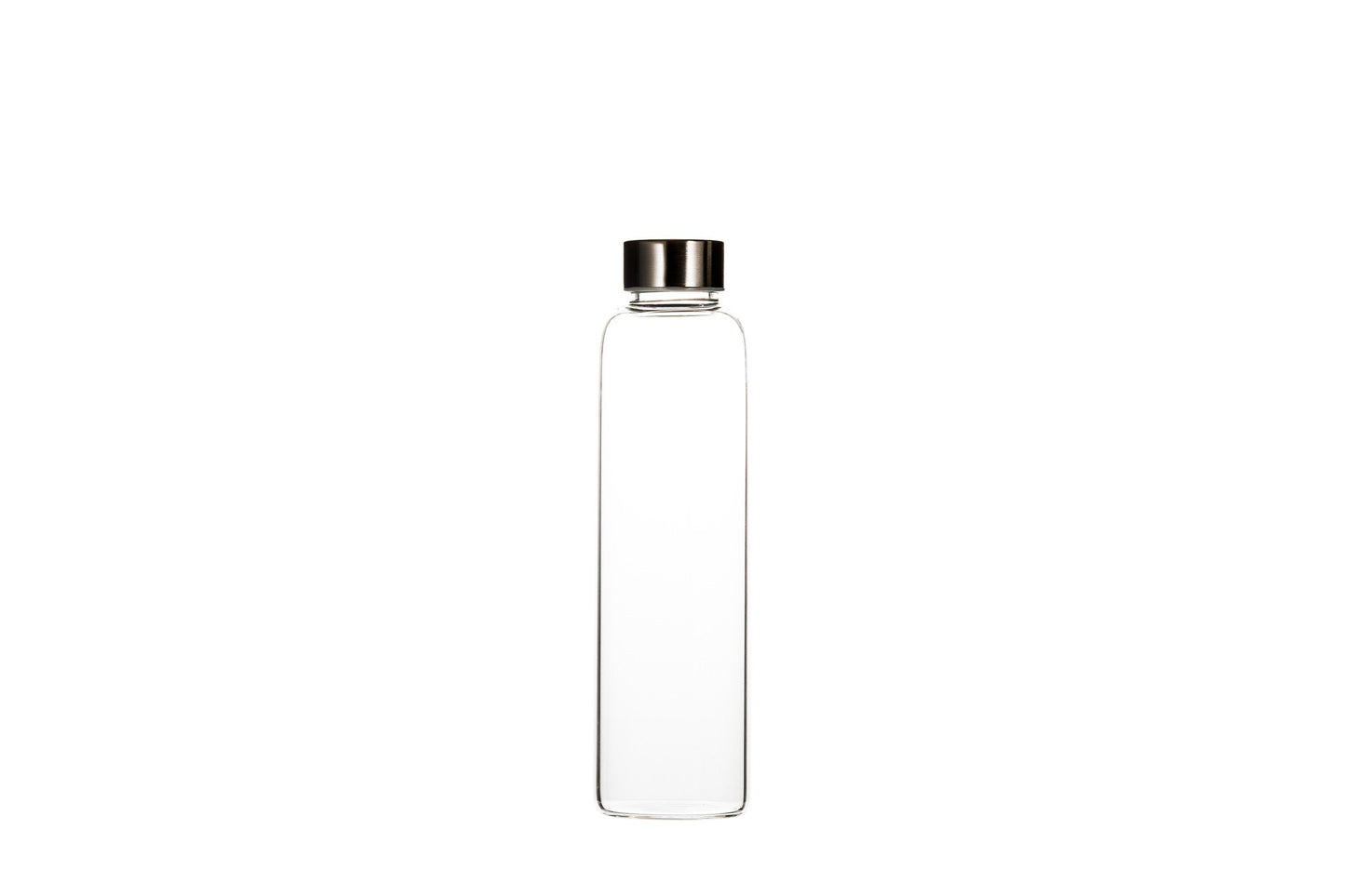 Clear glass water bottle standing nine inches tall, closed with a lid that seats on the neck.