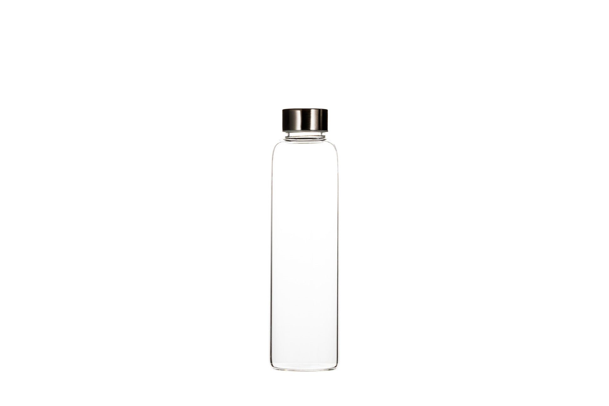 Clear glass water bottle standing nine inches tall, closed with a lid that seats on the neck.