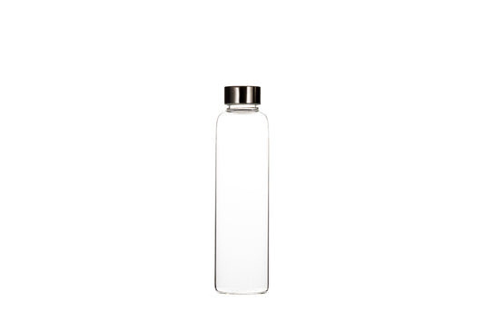 Clear glass water bottle standing nine inches tall, closed with a lid that seats on the neck.