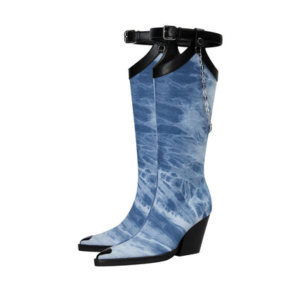 Light Blue Denim Chain Embellished Knee High Boots-4