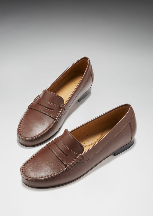 Women's Penny Loafers Leather Sole, brown leather-1