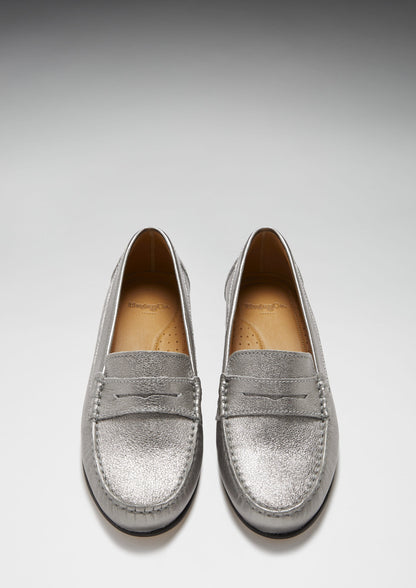 Women's Penny Loafers Leather Sole, titanium metallic leather-2