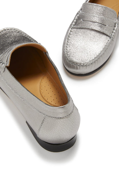 Women's Penny Loafers Leather Sole, titanium metallic leather-3