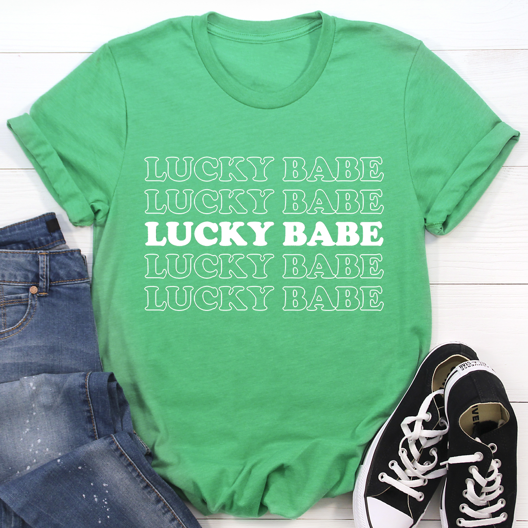 Lucky Babe soft cotton graphic T-shirt in green, shown on a casual tee.