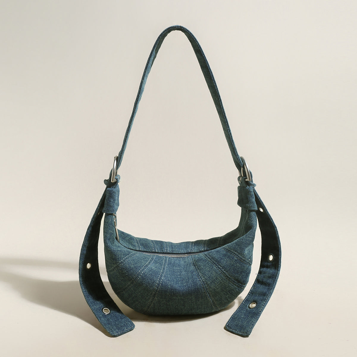 Luna Denim Crescent Shoulder Bag – Sculptural Y2K Hobo Bag with Adjustable Grommet Strap-0