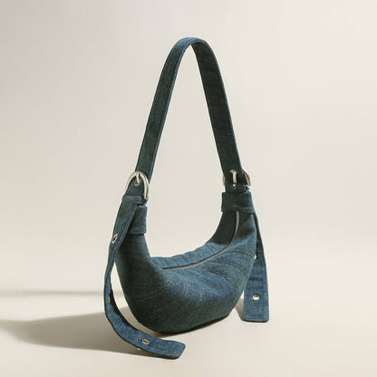 Luna Denim Crescent Shoulder Bag – Sculptural Y2K Hobo Bag with Adjustable Grommet Strap-1