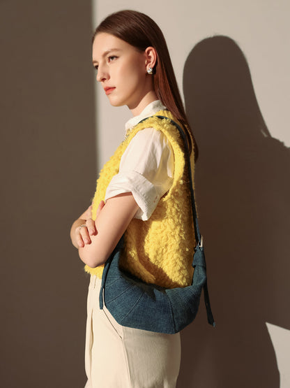 Luna Denim Crescent Shoulder Bag – Sculptural Y2K Hobo Bag with Adjustable Grommet Strap-3