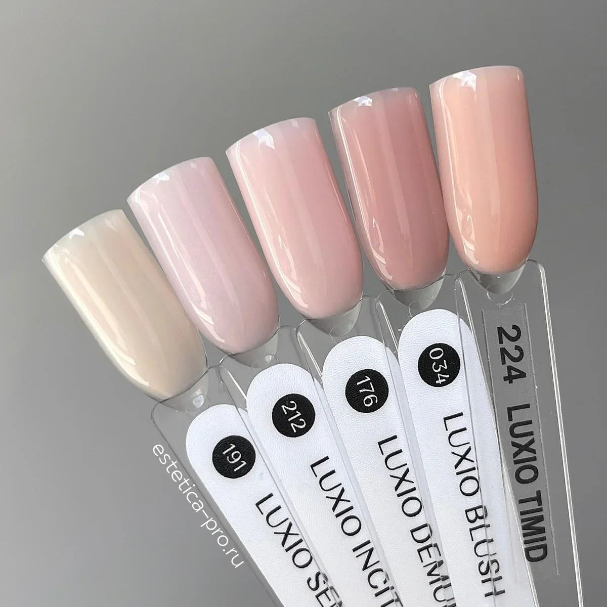 Luxio Shy soft pink gel polish bottle.