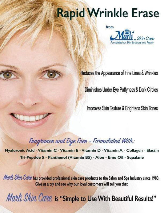 Marli Skin Care advertisement with a smiling woman, the cream name and a list of its ingredients