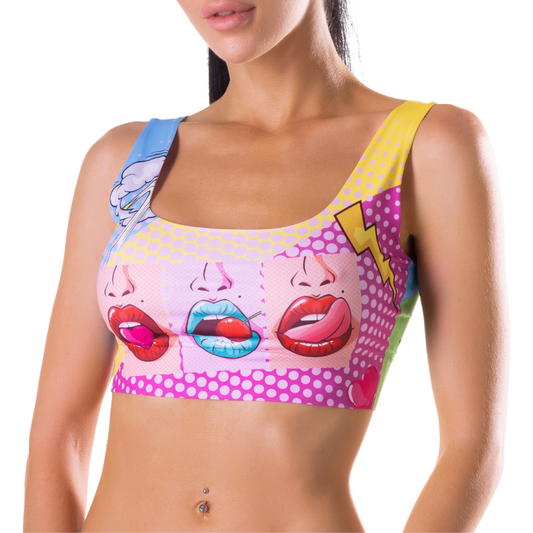 Front view. Comics Hot crop top by Mememe, a bold comic-style print