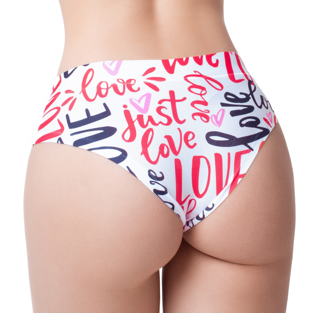 Back view. Love Message panty by Mememe, a word print across the seat