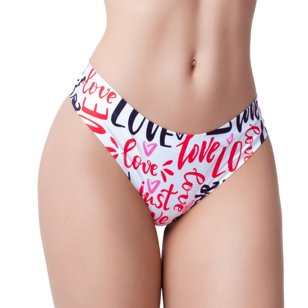 Side view. Love Message panty, a word print round the hip