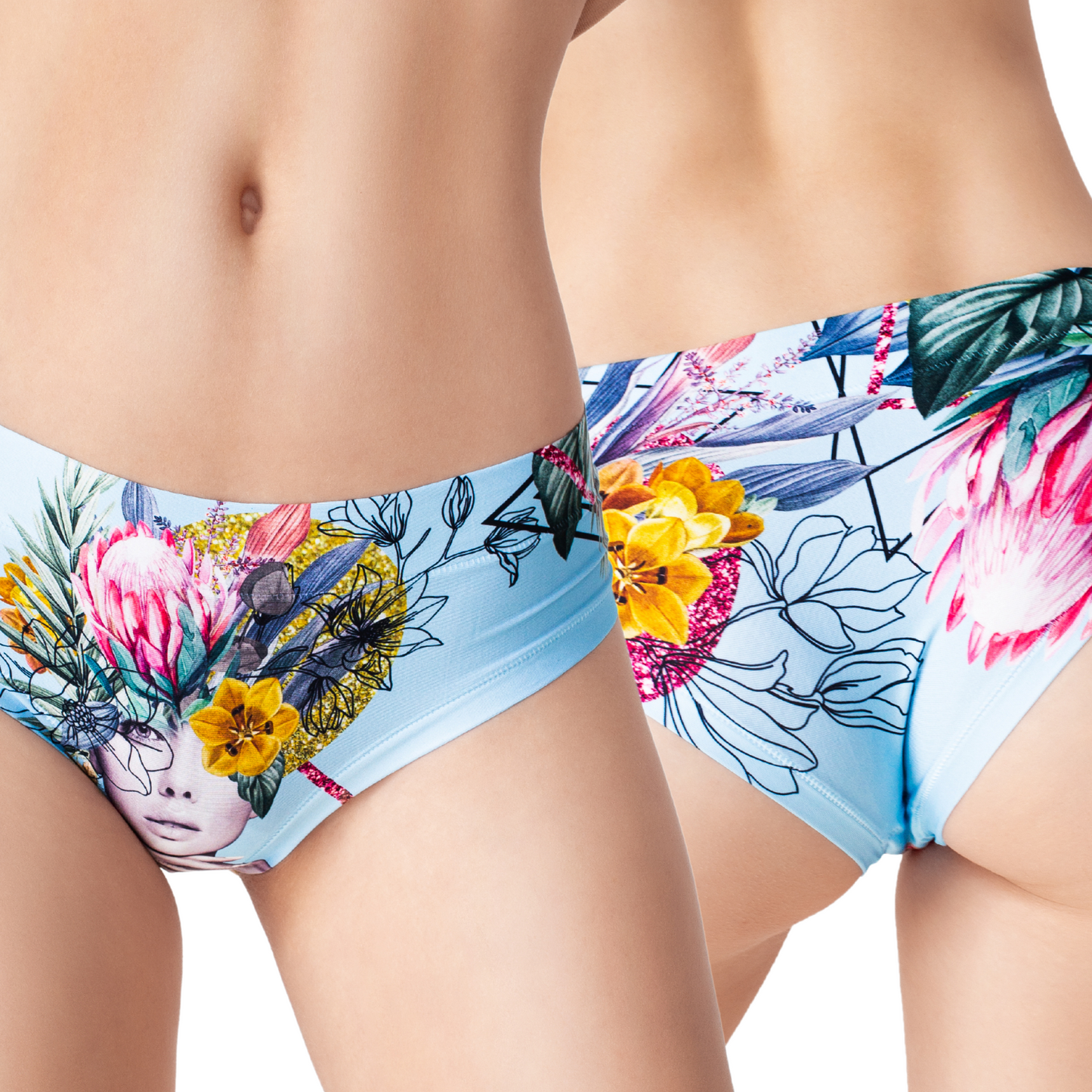 Front and back together. Secret Garden Blue panty by Mememe, a blue botanical print