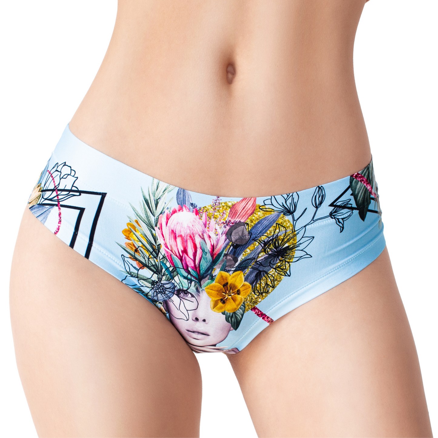 Front view. Secret Garden Blue panty by Mememe, a blue botanical print