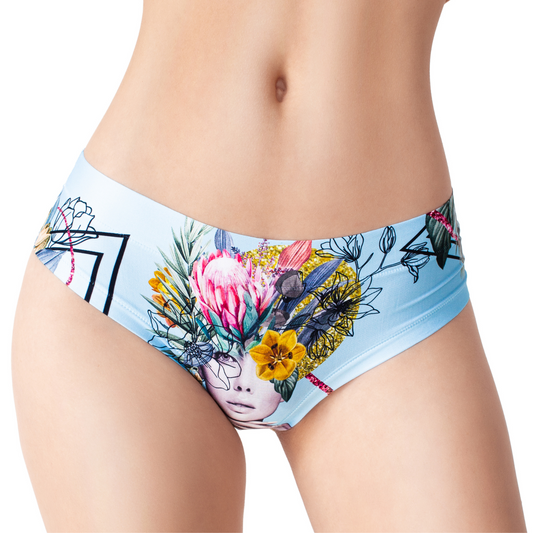 Front view. Secret Garden Blue panty by Mememe, a blue botanical print
