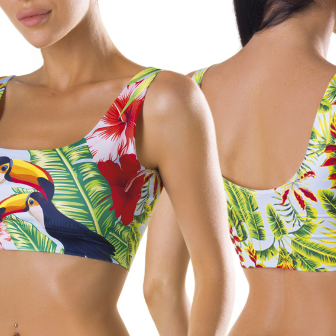 Tropical Toucan crop top with front beside back, a toucan print
