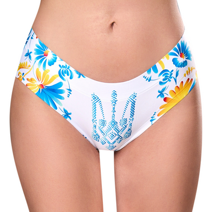 Seen from the front: UA Petrykivka panty, a Petrykivka folk painting motif