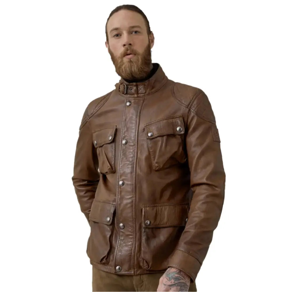 Walnut Lambskin Leather Field Jacket for Men-0