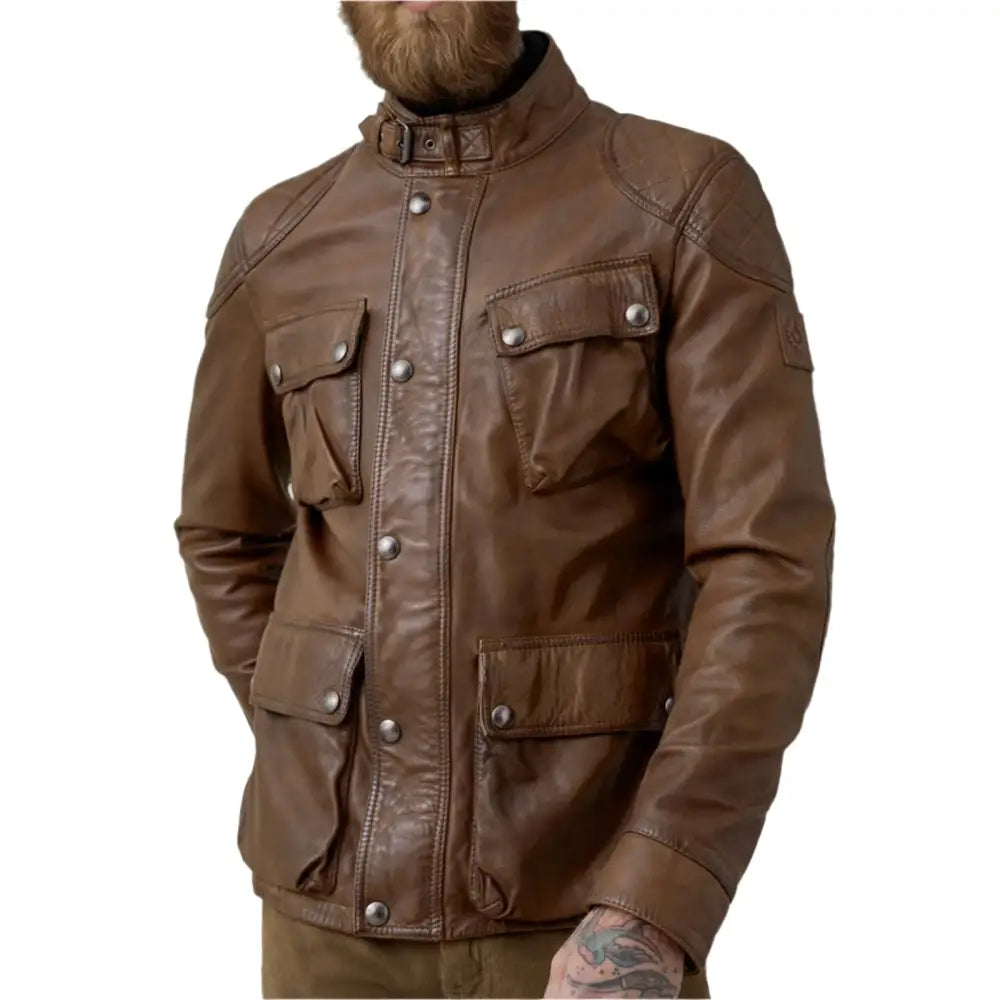 Walnut Lambskin Leather Field Jacket for Men-1