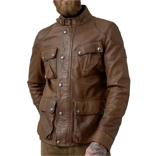 Walnut Lambskin Leather Field Jacket for Men-1